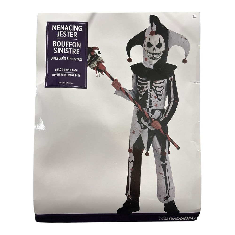 NWT Menacing Jester Child Costume Halloween Carnival Skeleton Scary XL 14-16